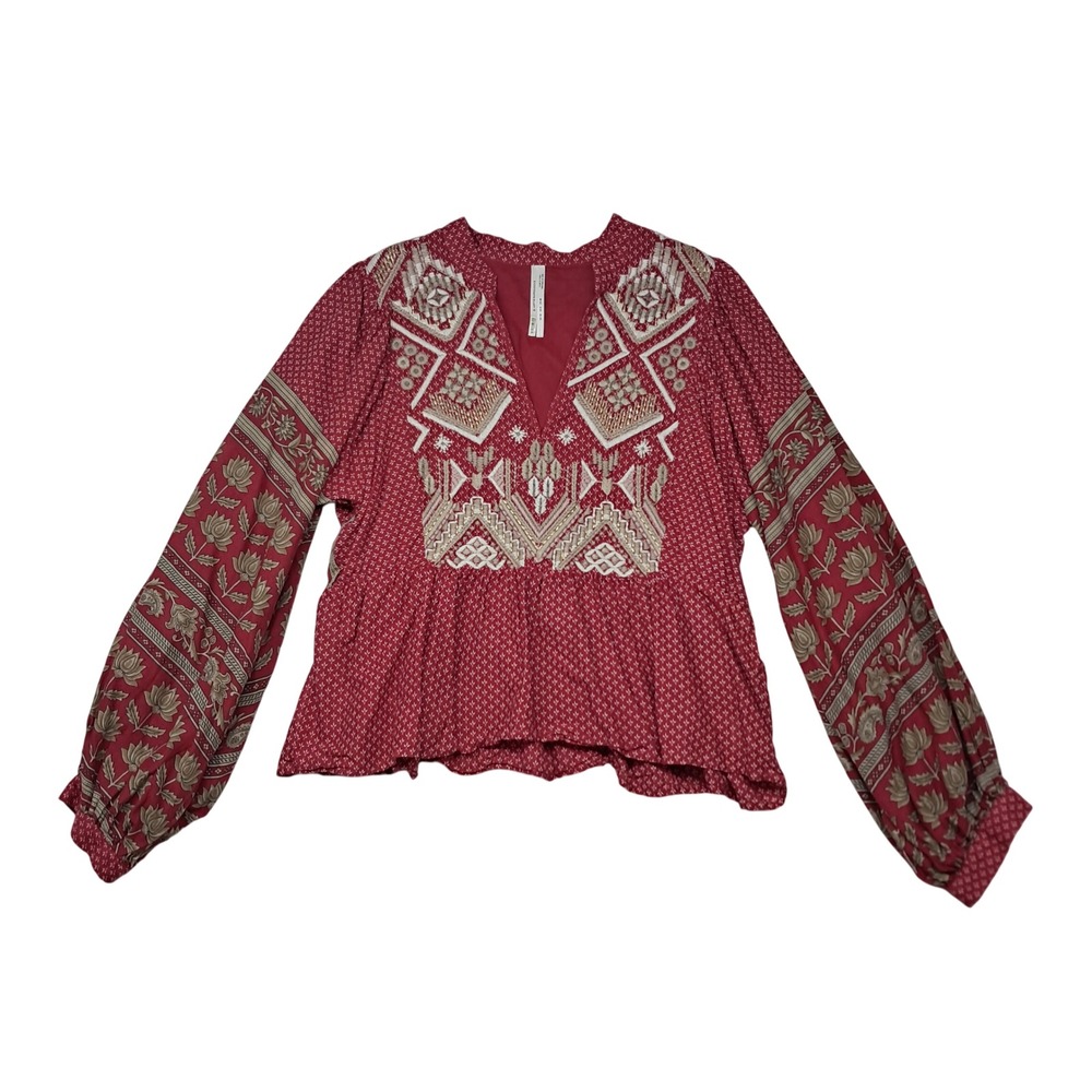 Anthropologie Keira Embroidered Peplum Women's 8 Red Long Sleeve‎ V Neck Boho
